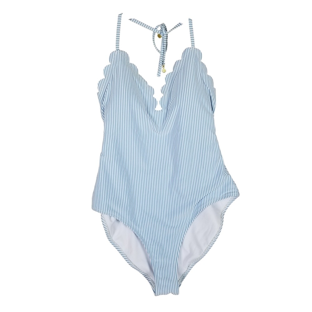 Jessica Simpson One Piece Swimsuit Women Large Sky Blue Scalloped Seersucker